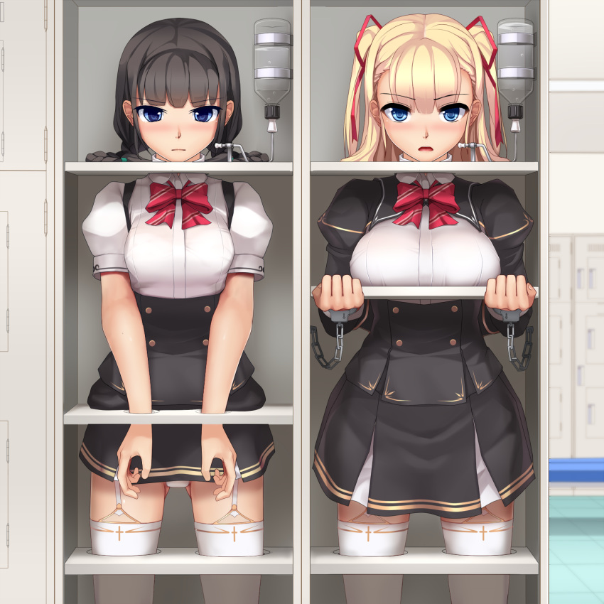 2girls, black_hair, blonde_hair, blue_eyes, bottle, bound, bound_wrists, bow