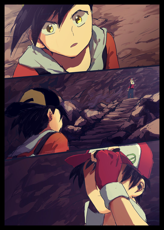 2boys, baseball_cap, cave, epic, fingerless_gloves, gloves, gold_(pokemon), hand_on_hat