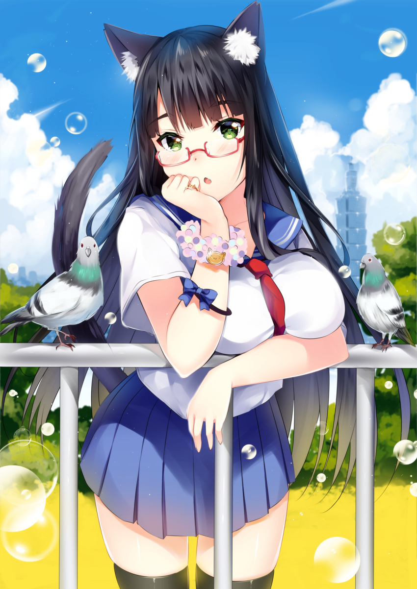 1girl, :o, animal_ears, animal_themed_ring, bangs, between_breasts, bird, black_hair, black_legwear, blue_bow, blue_skirt, blue_sky, bow, breast_rest, breasts, bubble, building, cat_ears, cat_print, cat_tail, clouds, condensation_trail, cowboy_shot, duji_amo, glasses, green_eyes, highres, jewelry, large_breasts, leaning_forward, lens_flare, long_hair, looking_at_viewer, miniskirt, necktie, necktie_between_breasts, open_mouth, original, outdoors, pigeon, pleated_skirt, railing, red-framed_glasses, red_necktie, ring, school_uniform, scrunchie, semi-rimless_glasses, serafuku, short_sleeves, skirt, sky, solo, tail, taipei_101, thigh-highs, tree, under-rim_glasses, white_blouse, wrist_scrunchie