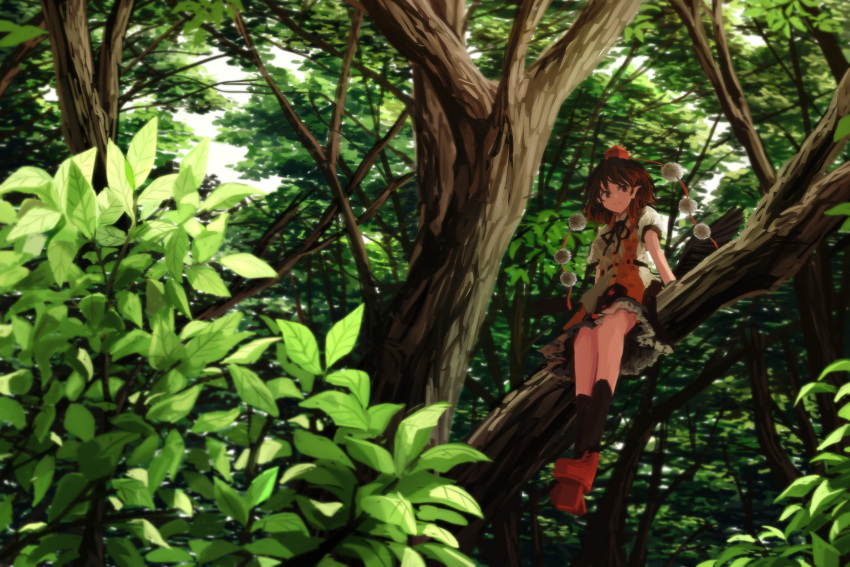 1girl, akaiha_(akaihagusk), belt, black_legwear, black_ribbon, black_skirt, black_wings, branch