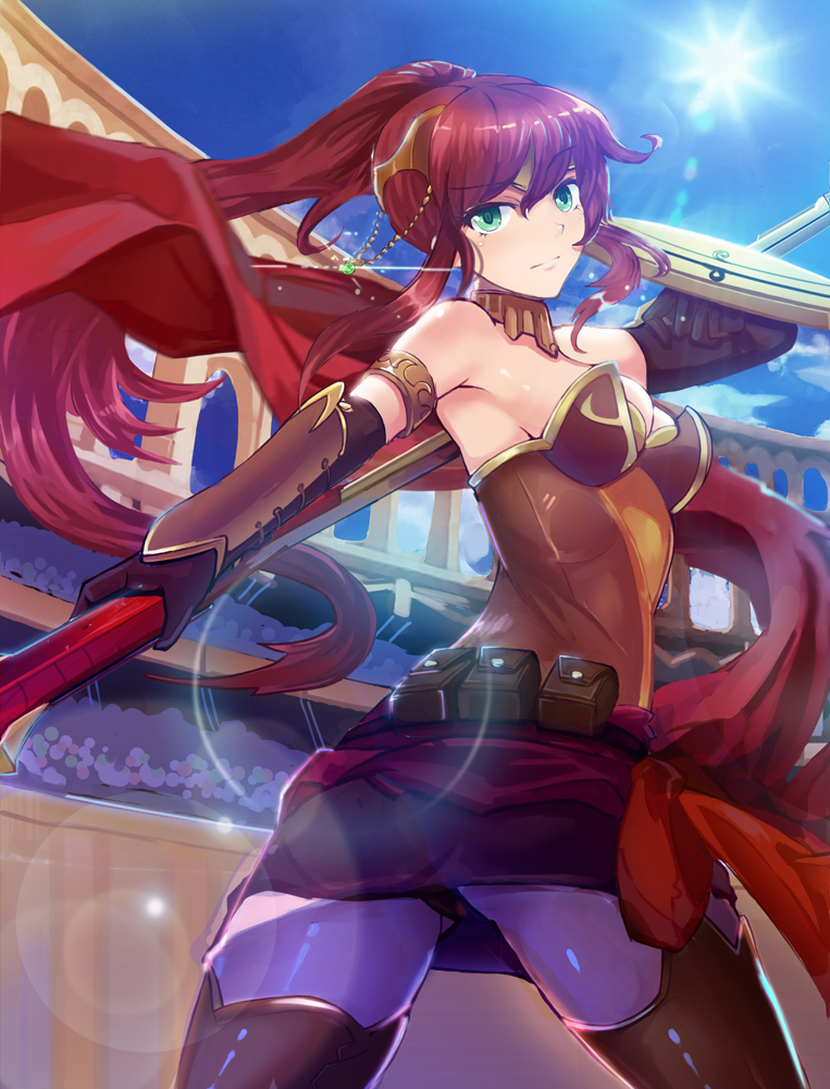 1girl, boots, breasts, circlet, cleavage, elbow_gloves, gloves, gorget