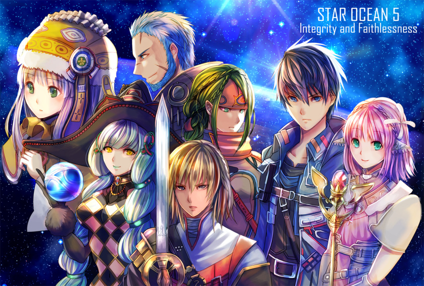 3boys, 4girls, anne_(star_ocean), beard, belt, black_gloves, black_hat, blonde_hair