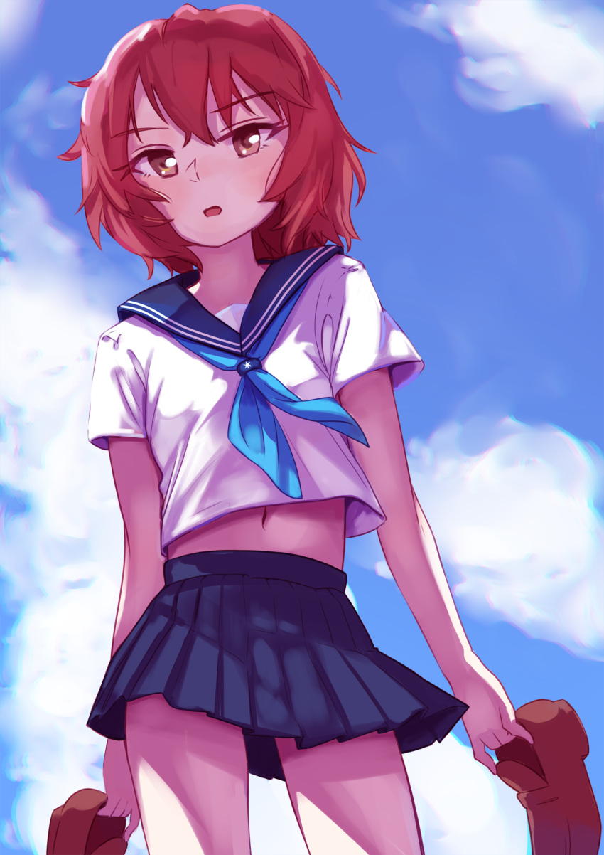 1girl, :o, blue_ribbon, blue_skirt, blue_sky, blush, clouds, contrapposto