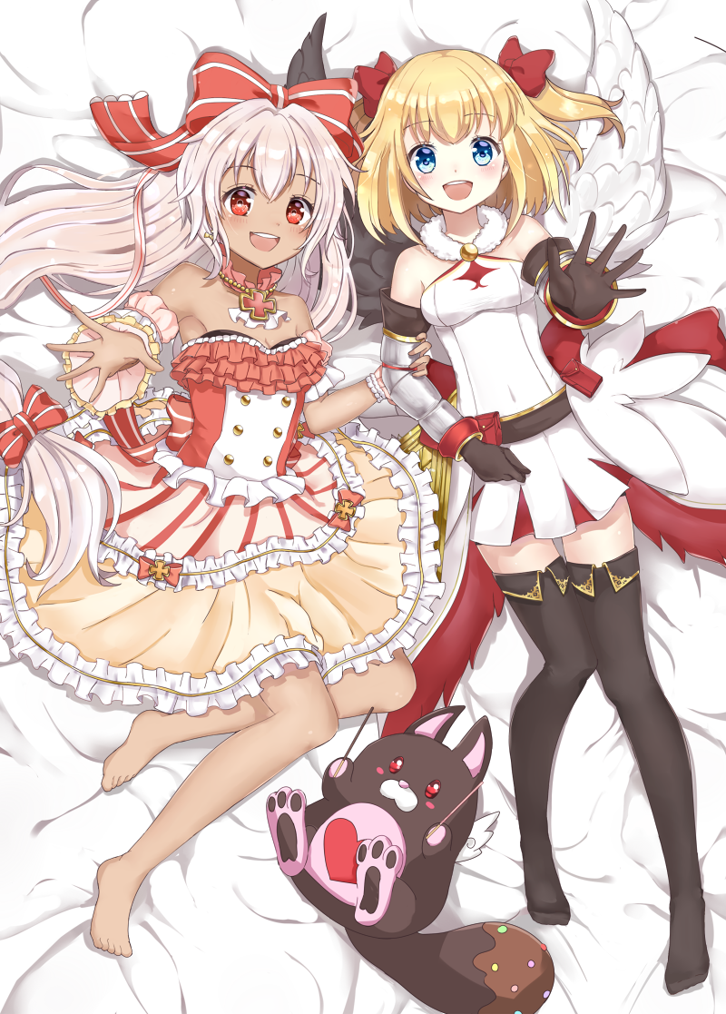 2girls, :d, asymmetrical_wings, bare_shoulders, barefoot, black_gloves, black_legwear, blonde_hair