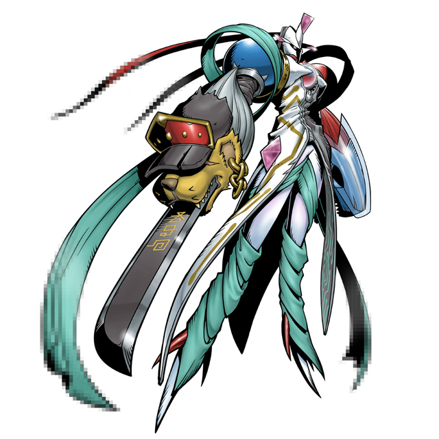 arm_cannon, artist_request, chaosmon, coat, coattails, digimoji, digimon, digimon_world_re:digitize, fangs, fusion, gem, green_eyes, grey_hair, hat, holy_ring, monster, multicolored_clothes, no_humans, official_art, pixelated, redhead, ribbon, sword, weapon, zipper