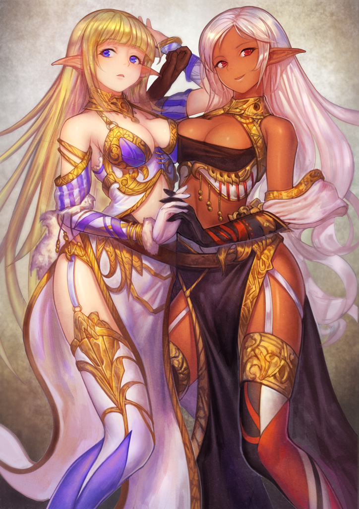 2girls, arm_up, bangs, bare_shoulders, black_gloves, blonde_hair, blue_eyes, blunt_bangs