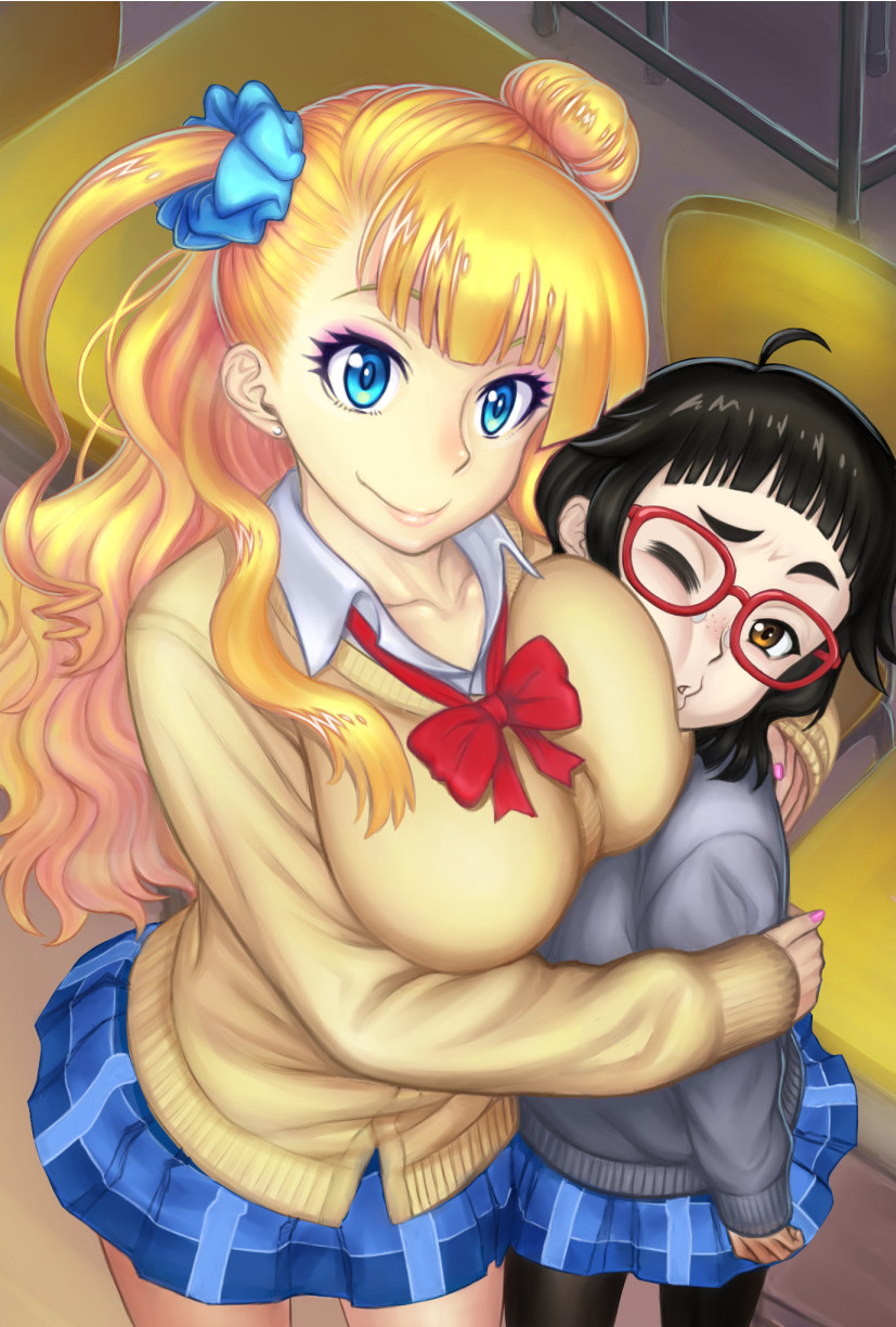 2girls, black_hair, blonde_hair, blue_eyes, breast_press, breasts, brown_eyes, cardigan