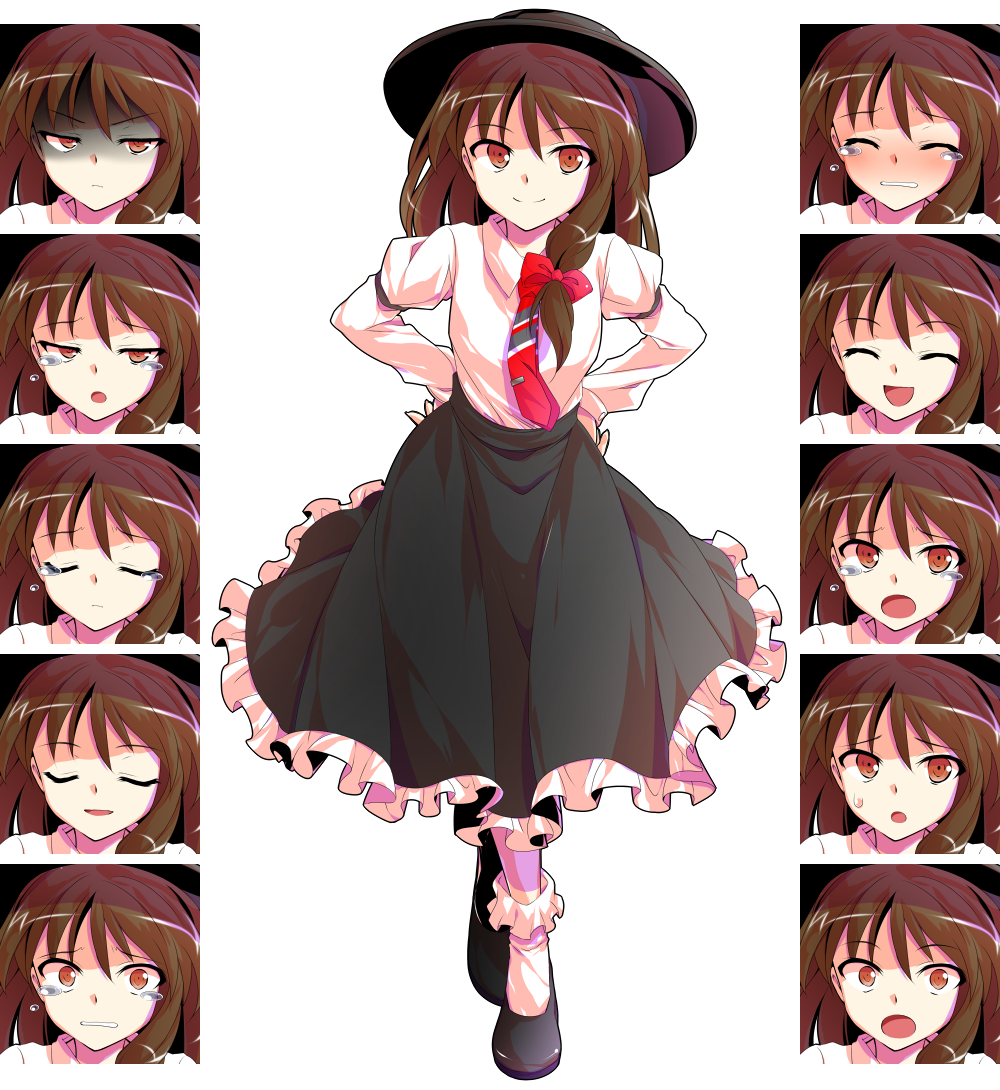 1girl, :d, :o, ^_^, ^o^, alphes_(style), armlet, asymmetrical_hair, black_shoes, black_skirt, blush, bobby_socks, bow, brown_hair, clenched_teeth, closed_eyes, collared_shirt, crying, crying_with_eyes_open, dairi, dress_shirt, expression_chart, expressionless, expressions, eyebrows, eyebrows_visible_through_hair, fedora, flats, frilled_skirt, frills, full-face_blush, full_body, gloom_(expression), hair_bow, half-closed_eyes, hands_on_hips, happy, hat, long_hair, long_skirt, long_sleeves, looking_at_viewer, necktie, open_mouth, parody, parted_lips, puffy_long_sleeves, puffy_sleeves, red_bow, red_necktie, relief, sad, scared, shaded_face, shirt, shoes, simple_background, skirt, smile, socks, standing, style_parody, surprised, sweatdrop, tachi-e, tareme, teardrop, tears, teeth, touhou, transparent_background, usami_renko, white_legwear, white_shirt, wide-eyed