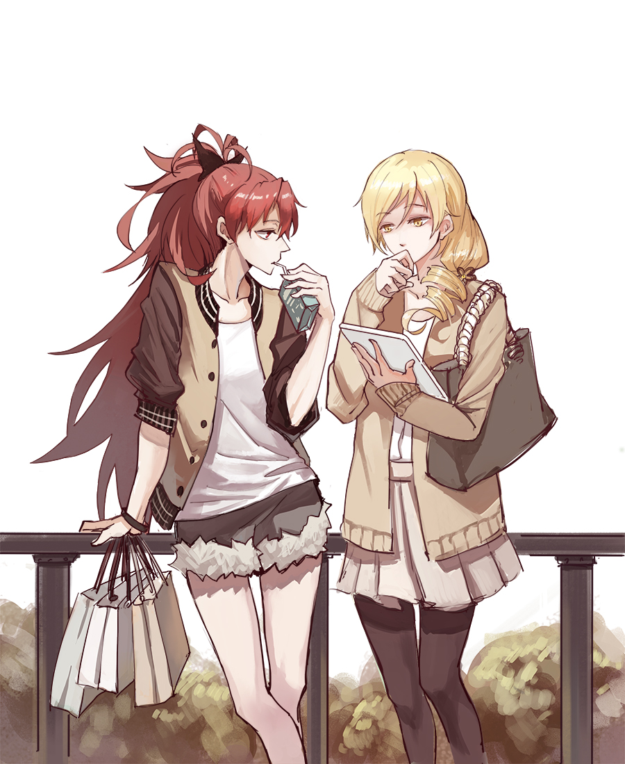 2girls, alternate_costume, alternate_hairstyle, arm_at_side, arm_support, bag, black_bow, black_legwear