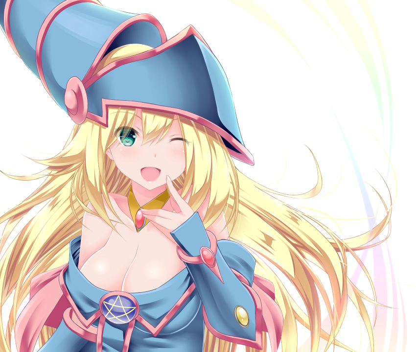 1girl, ;d, arm_at_side, armor, bare_shoulders, blonde_hair, blue_dress, blush