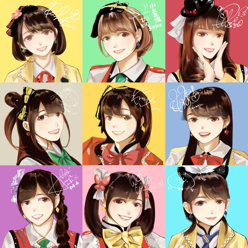 6+girls, :d, ayase_eli, bangs, bow, brown_eyes, earrings, everyone