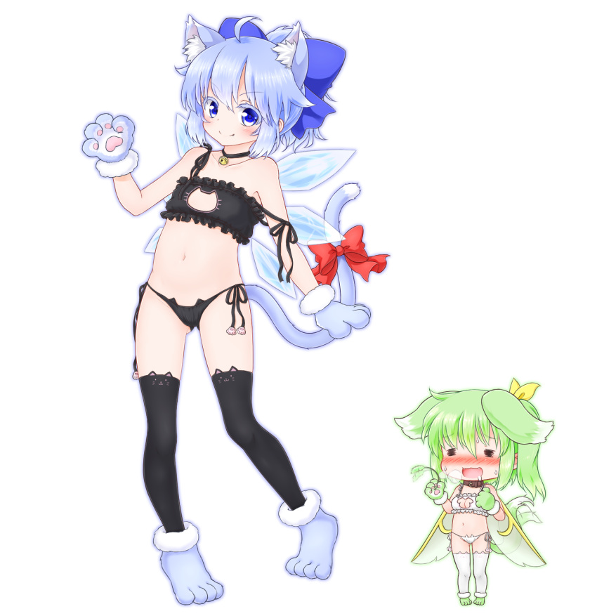 >:), 2girls, =_=, adapted_costume, ahoge, animal_cutout, animal_ears, bare_arms
