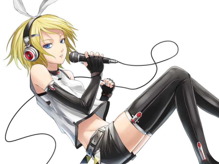 1girl, bare_shoulders, belt, black_gloves, black_legwear, black_shorts, blonde_hair, blue_eyes