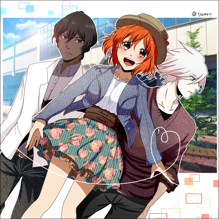 1girl, 2boys, :d, alternate_costume, arjuna_(fate/grand_order), arm_at_side, bangs, belt