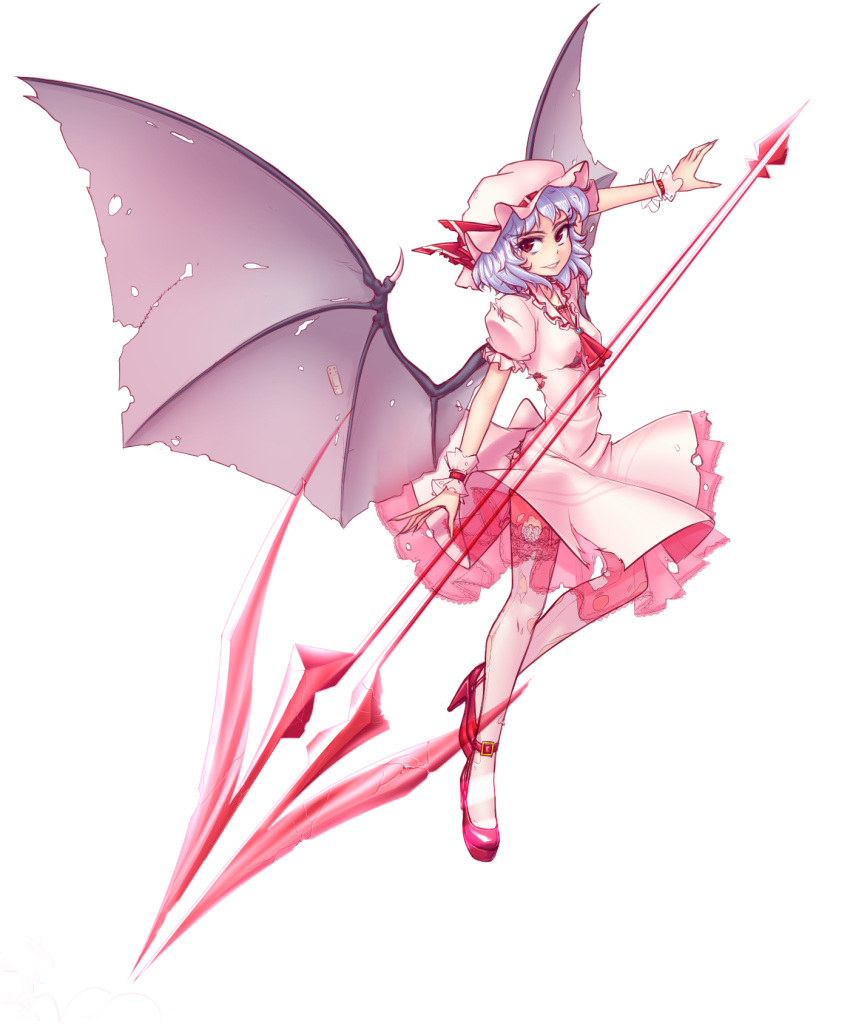 1girl, :d, ascot, bandages, bandaid, bandaid_on_wing, bat_wings, blue_hair