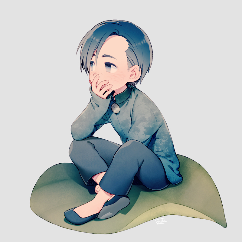 1boy, asymmetrical_bangs, bangs, black_hair, chibi, gradient_hair, grey_background, grey_eyes, hand_on_leg, hand_on_own_face, hirasawa_susumu, jacket, kiri_futoshi, looking_away, male_focus, multicolored_hair, p-model, pants, signature, simple_background, sitting, sleeves_past_wrists, slippers, solo