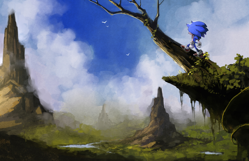 1boy, bird, blue_sky, clouds, landscape, mountain, nasu_nashi, nature, no_humans, scenery, simple_bird, sky, solo, sonic, sonic_(series), sonic_the_hedgehog, tree