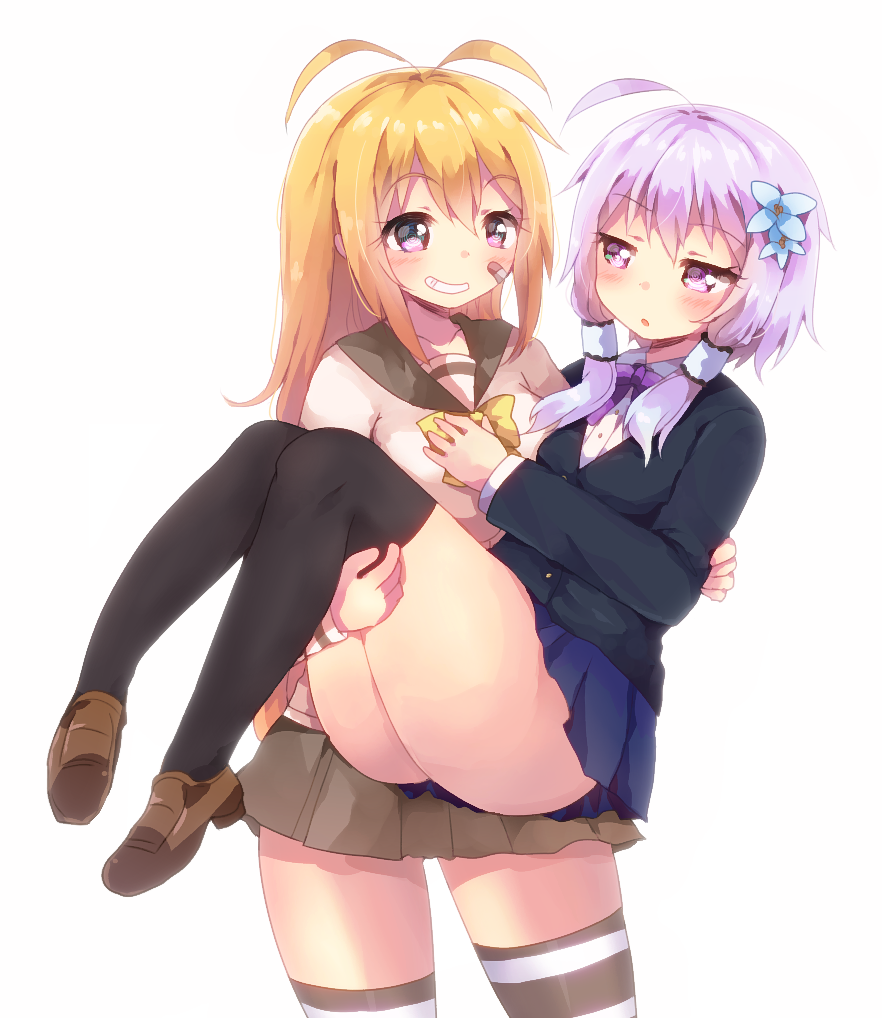 2girls, :d, :o, @_@, ahoge, antenna_hair, ass, bandaid