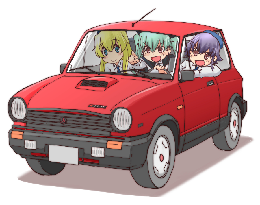 3girls, anchovy, autobianchi, autobianchi_a112_abarth, blonde_hair, car, carpaccio, girls_und_panzer