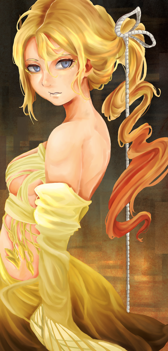 1girl, blonde_hair, blue_eyes, breasts, ichigo_milku, katawa_shoujo, long_hair, looking_at_viewer, profile, satou_lilly, solo