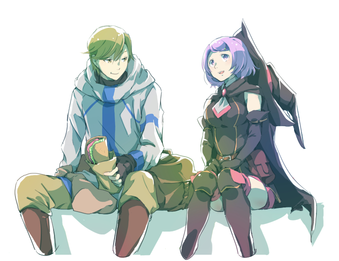 1boy, 1girl, bare_shoulders, black_gloves, boots, breasts, brown_eyes, brown_hair
