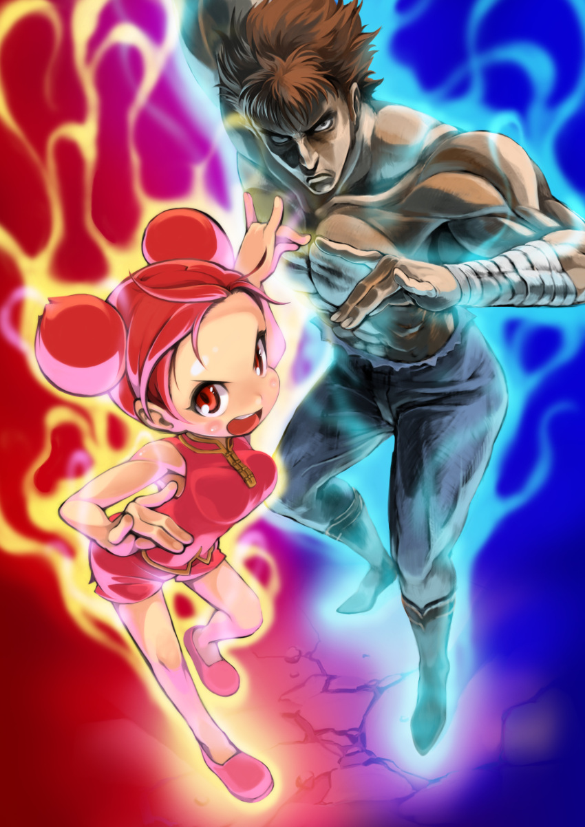 1boy, 1girl, abs, bandages, blush, boots, brown_hair, chinese_clothes