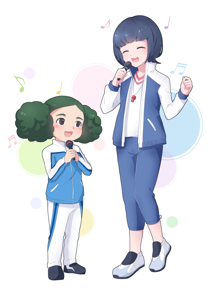 2girls, bangs, beamed_semiquavers, black_eyes, blue_hair, blush, closed_eyes, crotchet