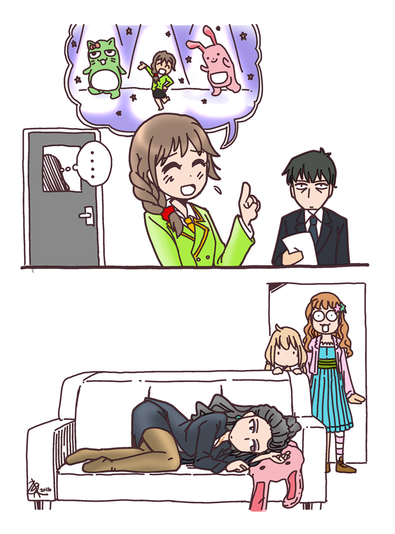 1boy, 2koma, 4girls, black_hair, blonde_hair, blush, braid, brown_hair, comic, executive_mishiro, formal, futaba_anzu, idolmaster, idolmaster_cinderella_girls, idolmaster_cinderella_girls_starlight_stage, ikari_don, long_hair, moroboshi_kirari, multiple_girls, necktie, open_mouth, pantyhose, pillow, pina_korata, ponytail, producer_(idolmaster_cinderella_girls_anime), senkawa_chihiro, single_braid, smile, stuffed_animal, stuffed_bunny, stuffed_toy