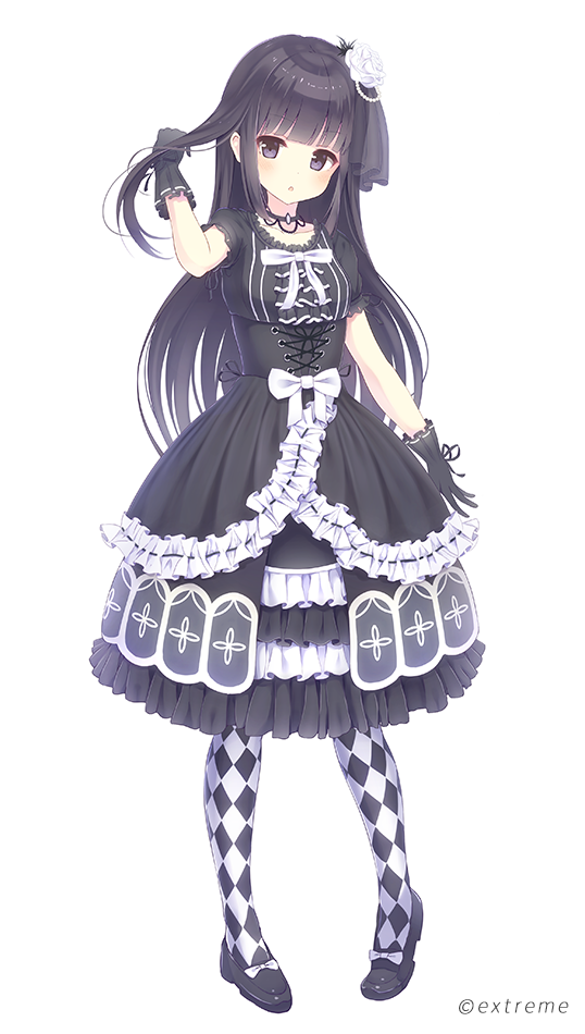 1girl, alc_(ex2_lv), bangs, black_gloves, black_hair, black_shoes, blunt_bangs, bow, checkered, checkered_legwear, choker, commentary_request, cross-laced_clothes, dress, flower, frills, full_body, gloves, gothic_lolita, hair_flip, hair_flower, hair_ornament, hime_cut, layered_dress, lolita_fashion, long_hair, looking_at_viewer, momoiro_taisen_pairon, official_art, open_mouth, original, pantyhose, rose, shoes, simple_background, solo, standing, veil, violet_eyes, watermark, white_background, white_rose