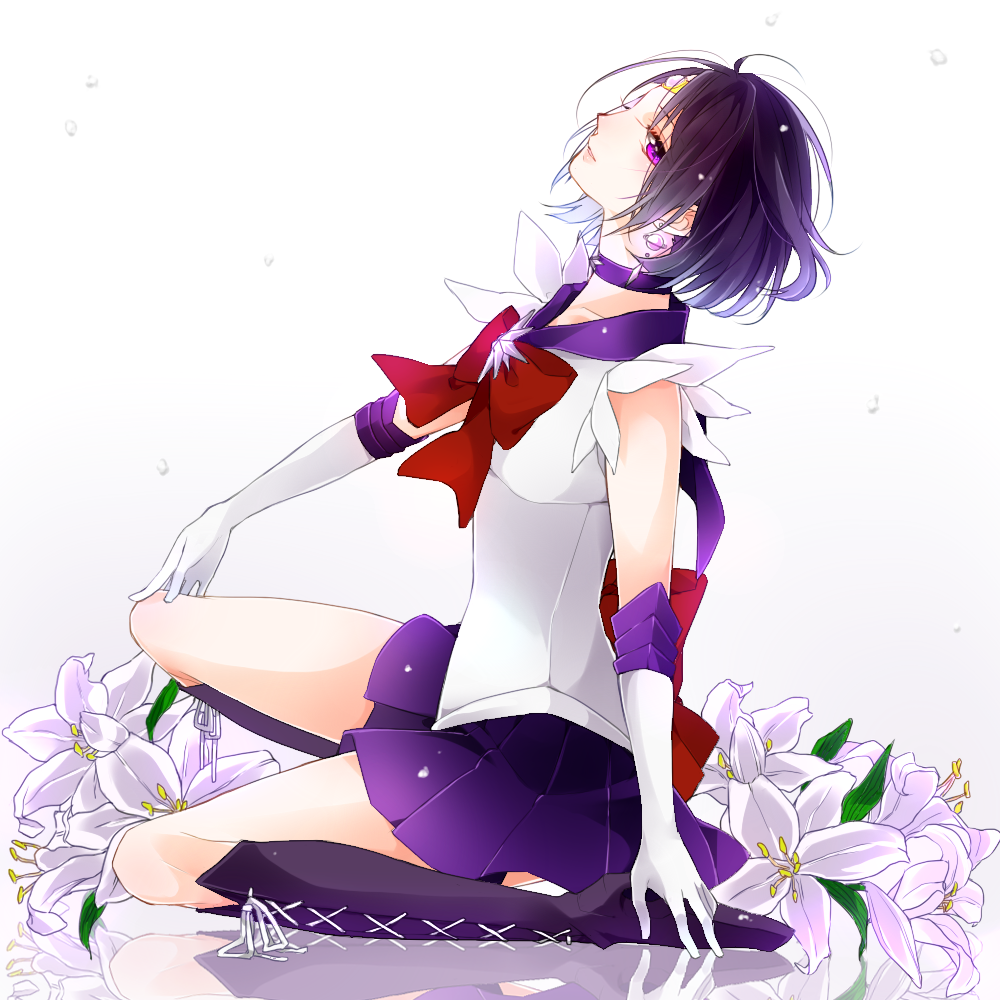 1girl, bishoujo_senshi_sailor_moon, black_hair, boots, bow, choker, elbow_gloves, flower