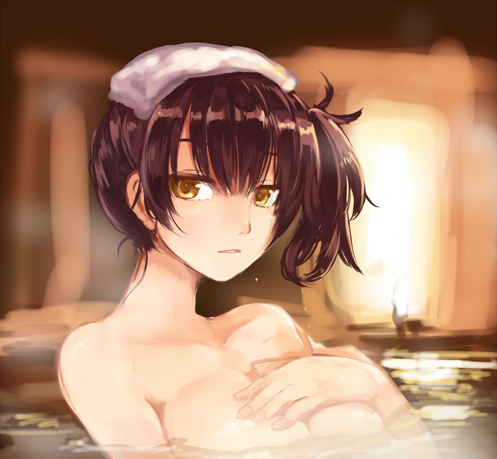1girl, bathing, breasts, brown_hair, hand_on_own_chest, jikkentai_(zol8529), kaga_(kantai_collection), kantai_collection