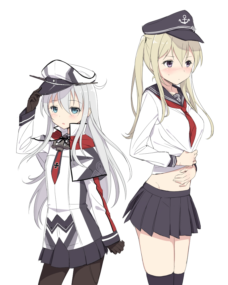 2girls, blonde_hair, blue_eyes, capelet, cnm, cosplay, costume_switch, covering
