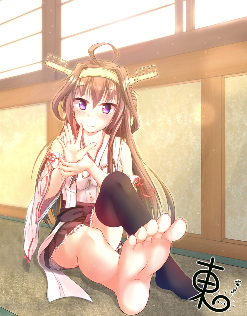 1girl, ahoge, bare_shoulders, barefoot, blush, brown_hair, detached_sleeves, double_bun