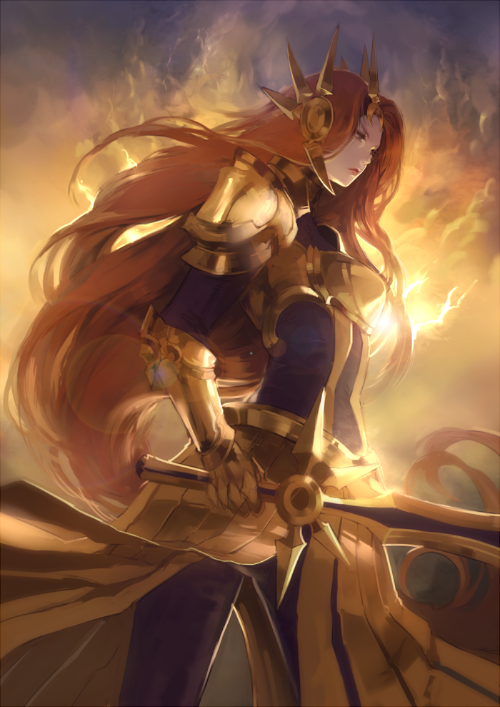 1girl, armor, artist_request, bodysuit, clouds, cowter, fire, gauntlets