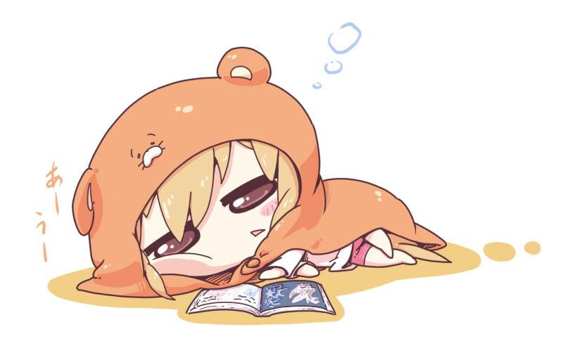 1girl, blonde_hair, blush_stickers, book, brown_eyes, chibi, dialga, doma_umaru