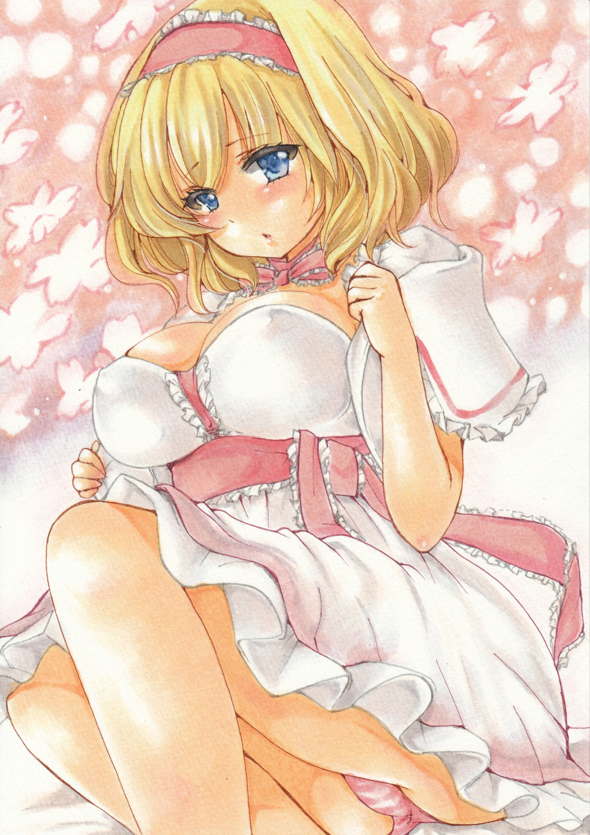 1girl, absurdres, adapted_costume, alice_margatroid, alternate_color, blonde_hair, blue_eyes, breasts