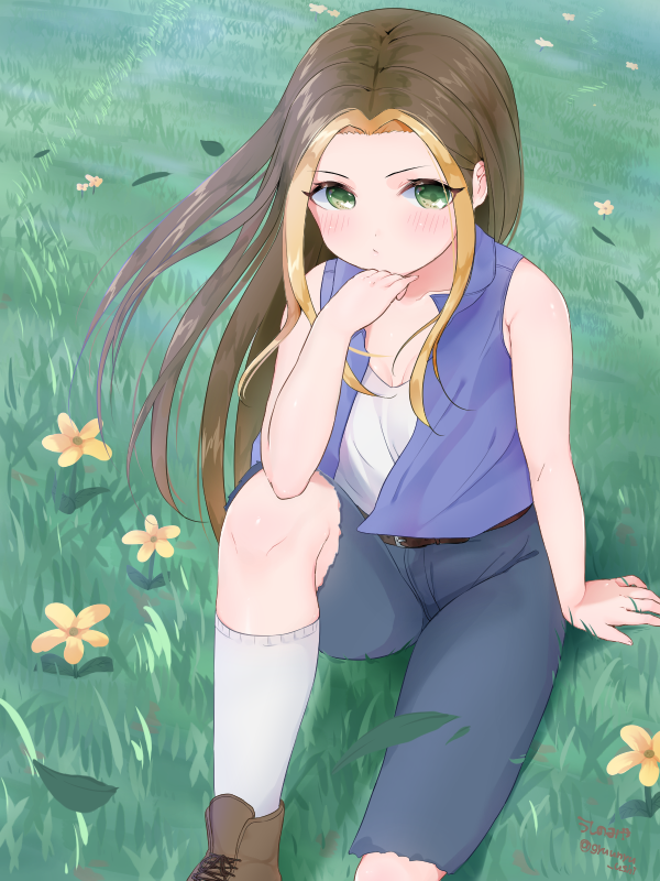 1girl, arm_at_side, arm_support, belt, blonde_hair, blue_pants, blush, boots, breasts, brown_boots, brown_hair, chin_rest, cross-laced_footwear, floating_hair, from_above, grass, green_eyes, harvest_moon, head_rest, karen_(harvest_moon), kneehighs, leaf, long_hair, looking_at_viewer, multicolored_hair, on_ground, outdoors, pants, sleeveless, solo, torn_shorts, twitter_username, two-tone_hair, ushinomiya, white_legwear, wind, yellow_flower