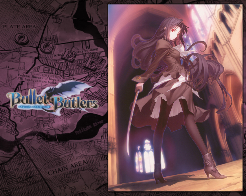 1girl, black_hair, bow, bowtie, bullet_butlers, from_behind, katana, koyama_hirokazu