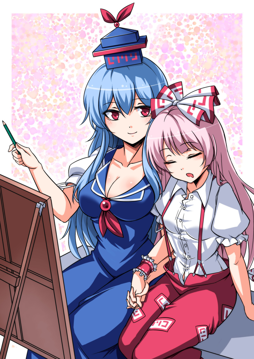 2girls, absurdres, blue_hair, blush, breasts, cleavage, commentary_request, drooling