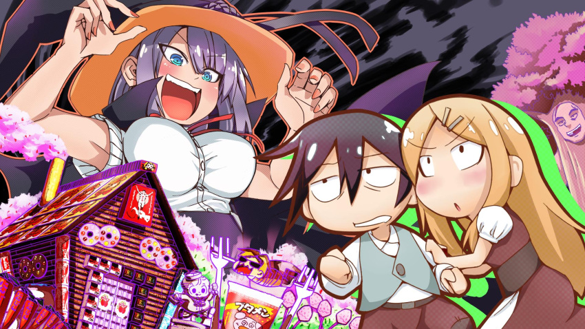 blonde_hair, blue_eyes, blush, breasts, brown_eyes, candy, cookie, cosplay