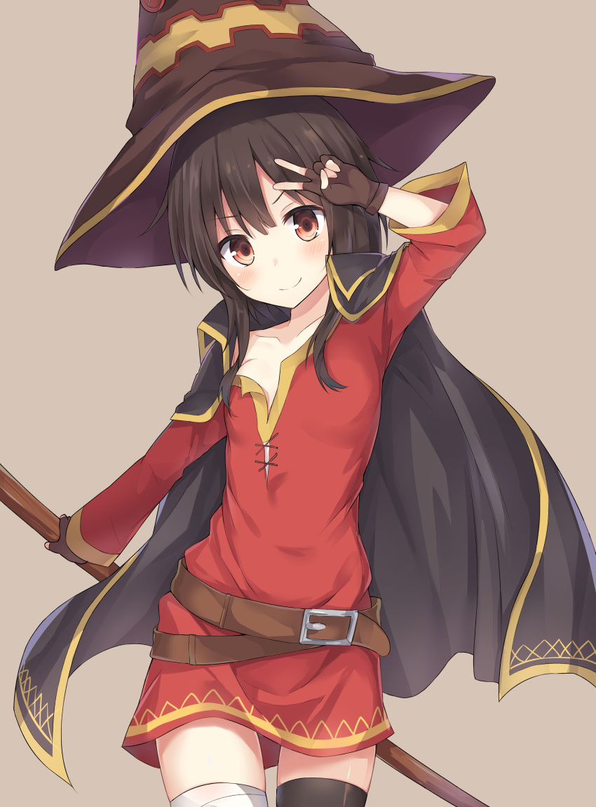 >:), 1girl, absurdres, arm_up, bandages, bangs, belt, black_cape