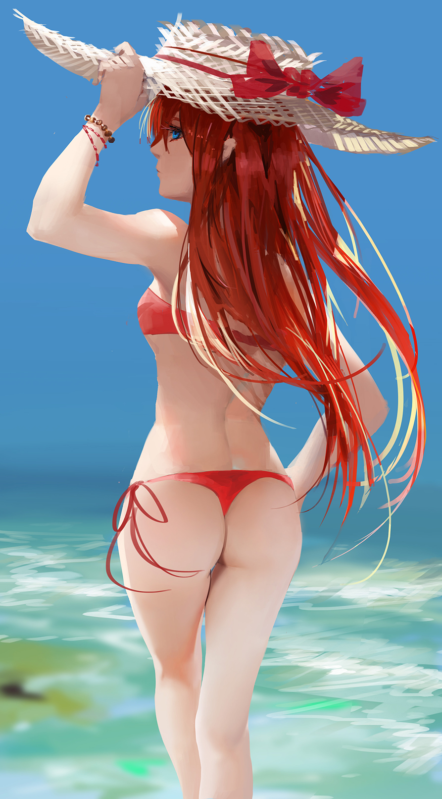1girl, alternate_costume, arm_up, ass, back, bikini, blue_eyes, blue_sky, bow, bracelet, eyelashes, from_behind, g_q, hand_on_headwear, hand_on_hip, hat, hat_bow, hat_ribbon, highres, jewelry, kneepits, neon_genesis_evangelion, ocean, outdoors, red_bikini, red_bow, redhead, ribbon, shade, side-tie_bikini, sky, solo, souryuu_asuka_langley, standing, straw_hat, summer, swimsuit, thigh_gap, thong_bikini, wind