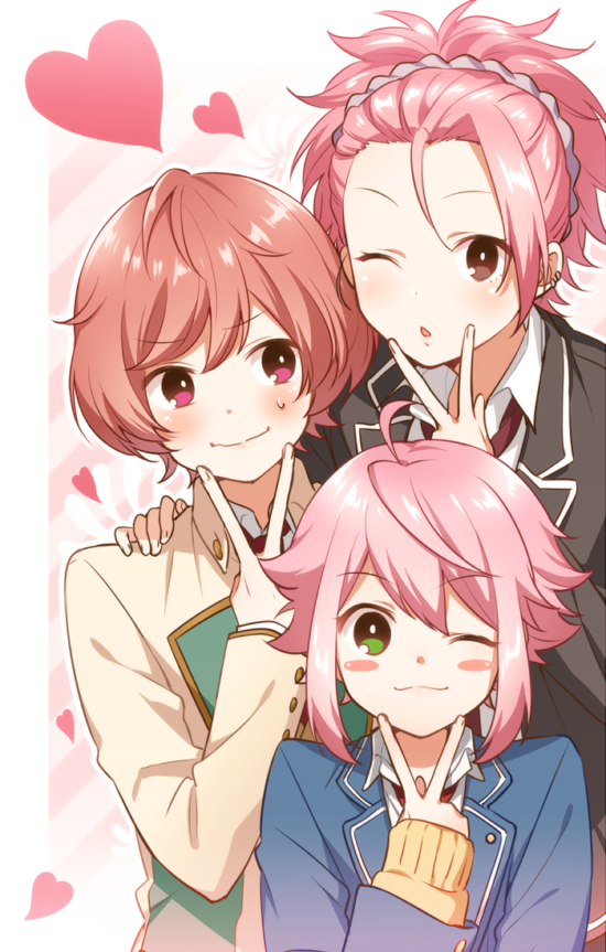 3boys, ;3, ahoge, binan_koukou_chikyuu_bouei-bu_love!, blush, blush_stickers, brown_eyes, chestnut_mouth