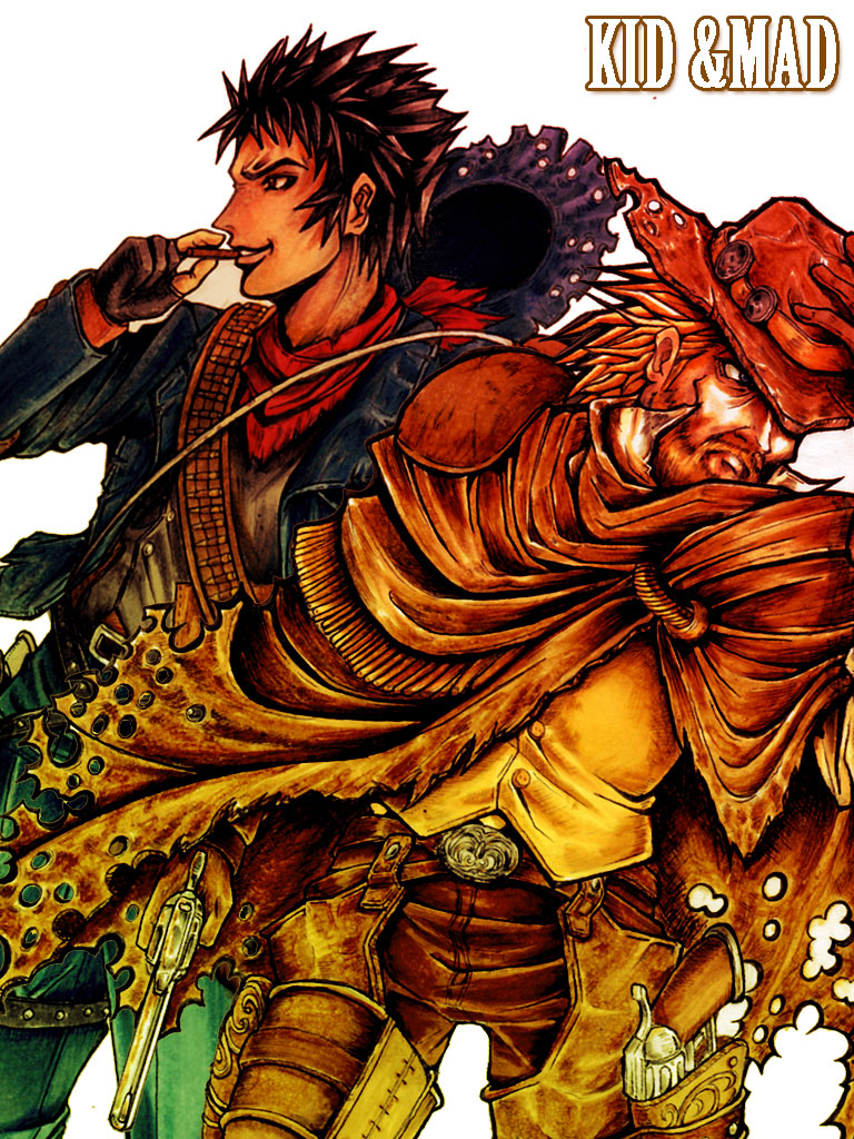 2boys, adjusting_clothes, adjusting_hat, ammunition, beard, belt, black_hair, brown_gloves