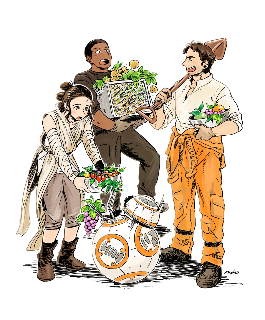 2boys, 2girls, :d, ankle_boots, bb-8, boots, brown_boots, dark_skin