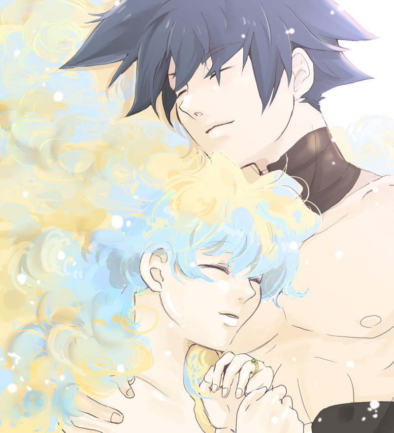 1girl, bad_id, blue_hair, chest, closed_eyes, couple, happy, hug
