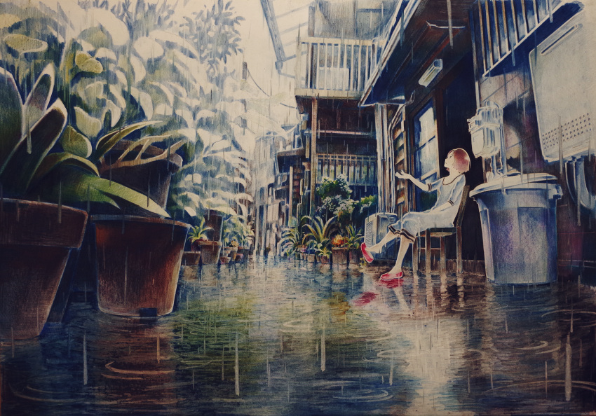 1girl, air_conditioner, architecture, brown_hair, chair, colored_pencil_(medium), dress, east_asian_architecture, flower, highres, house, looking_up, millipen_(medium), muted_color, nekojarashi_(yuuga), original, outdoors, outstretched_hand, plant, potted_plant, profile, railing, rain, ripples, scenery, short_hair, sitting, slippers, solo, traditional_media, trash_can, water