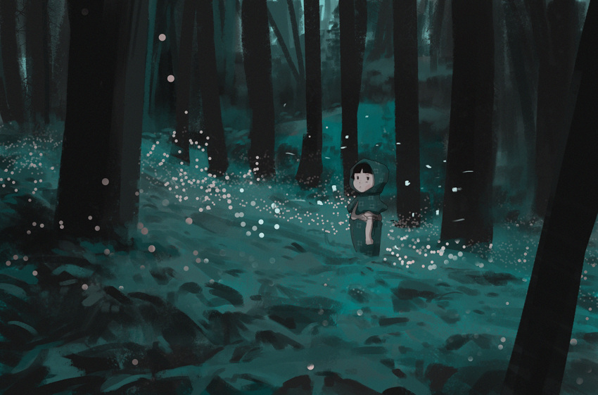 1girl, dark, fireflies, forest, hood, hotaru_no_haka, japanese_clothes, looking_at_viewer