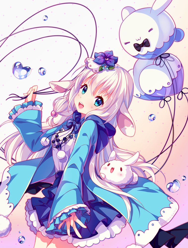 1girl, :3, :d, =_=, angora_rabbit, animal, animal_ears, asymmetrical_hair, balloon, balloon_animal, black_bow, black_bowtie, black_eyes, black_ribbon, blonde_hair, blue_bow, blue_bowtie, blue_eyes, blue_flower, blue_jacket, blue_skirt, blush, borrowed_character, bow, bowtie, cowboy_shot, ears_down, eyebrows, eyebrows_visible_through_hair, eyelashes, floating_object, flower, frilled_skirt, frilled_sleeves, frills, fur, glass, hair_bobbles, hair_flower, hair_ornament, hand_up, head_tilt, heart, heart_balloon, holding_balloon, hood, hood_down, hooded_jacket, hyanna-natsu, jacket, layered_skirt, long_hair, long_sleeves, looking_at_viewer, marble, miniskirt, open_mouth, original, outstretched_arm, pom_pom_(clothes), rabbit, rabbit_ears, ribbon, round_teeth, shirt, simple_background, skirt, sleeves_past_wrists, smile, smiley_face, solid_oval_eyes, solo, standing, tareme, teeth, thighs, very_long_hair, white_background, white_fur, white_shirt