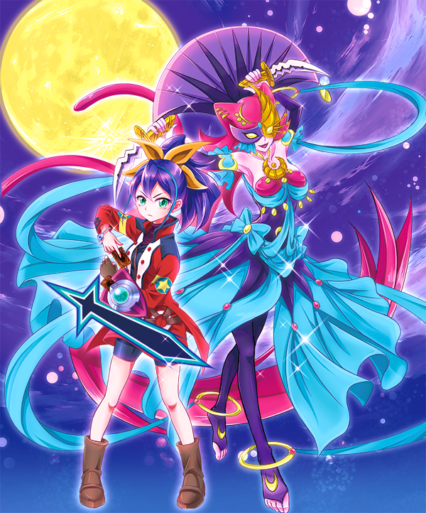2girls, animal_ears, blue_hair, bow, card, cat_ears, cat_tail, dagger
